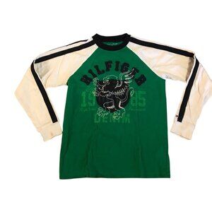 Tommy Hilfiger Shirt Boys M Long Sleeve Green White Rugby Graphic T-Shirt Cotton